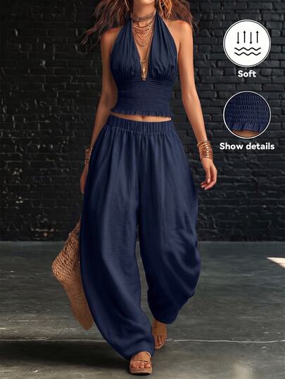 SHEIN Women's Autumn Summer 2-Piece Set Party Vacation Beach Travel Outfit Elegant Breezy Sexy Sleeveless Fashion Casual Commuter Business Office Navy Blue