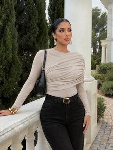 Silquee Bodysuit Wanita Elegan Warna Polos dengan Detail Kerut untuk Perjalanan Sehari-hari - Light Grey - View 3