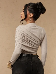 Silquee Bodysuit Wanita Elegan Warna Polos dengan Detail Kerut untuk Perjalanan Sehari-hari - Light Grey - View 9