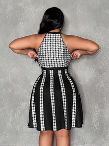 Veslaya Plus Size Women's Spring/Summer New Halter Houndstooth Patchwork Single-Breasted Fashionable Chic Date Party Dress Curve Plus Dress Houndstooth Dress - Black and White - View 7