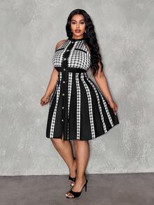Veslaya Plus Size Women's Spring/Summer New Halter Houndstooth Patchwork Single-Breasted Fashionable Chic Date Party Dress Curve Plus Dress Houndstooth Dress - Black and White - View 6