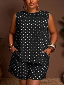 Veslaya 休閒 1960s 90s 極簡風黑白波點大尺碼兩件套，適合夏季約會度假 - 黑色 - 查看 4