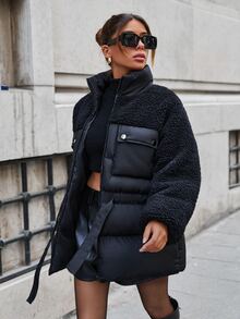 SHEIN Stand Neck Teddy Bear Textured Matched Women's Puffer Down Jacket Everyday Going Out Black Winter Streetwear Casual - Black - View 4
