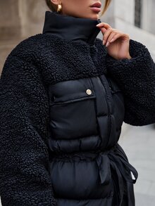 SHEIN Stand Neck Teddy Bear Textured Matched Women's Puffer Down Jacket Everyday Going Out Black Winter Streetwear Casual - Black - View 1