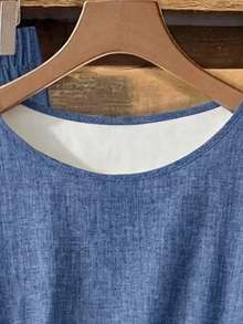 SHEIN Clasi [Denim Effect] 休閒極簡風仿紋理藍色滿版印花女款襯衫，附領結蝴蝶結與寬鬆直筒長褲 2 件套，適合春夏 - 彩色 - 查看 7