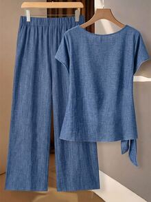 SHEIN Clasi [Denim Effect] 休閒極簡風仿紋理藍色滿版印花女款襯衫，附領結蝴蝶結與寬鬆直筒長褲 2 件套，適合春夏 - 彩色 - 查看 3