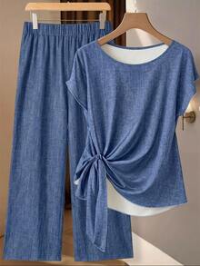 SHEIN Clasi [Denim Effect] 休閒極簡風仿紋理藍色滿版印花女款襯衫，附領結蝴蝶結與寬鬆直筒長褲 2 件套，適合春夏 - 彩色 - 查看 9