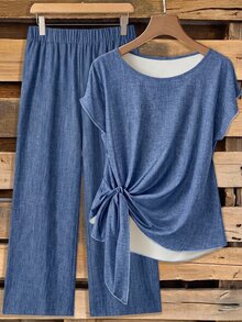 SHEIN Clasi [Denim Effect] 休閒極簡風仿紋理藍色滿版印花女款襯衫，附領結蝴蝶結與寬鬆直筒長褲 2 件套，適合春夏 - 彩色 - 查看 8