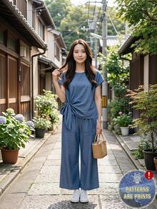 SHEIN Clasi [Denim Effect] 休閒極簡風仿紋理藍色滿版印花女款襯衫，附領結蝴蝶結與寬鬆直筒長褲 2 件套，適合春夏 - 彩色 - 查看 6