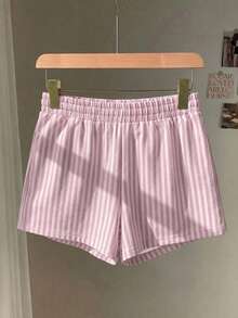 SHEIN EZwear 女款粉色與白色條紋休閒中腰寬鬆短褲，適合夏季 - 彩色 - 查看 2