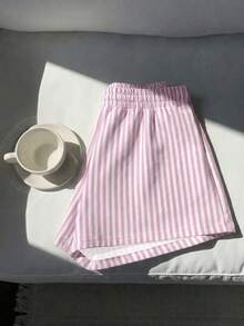 SHEIN EZwear 女款粉色與白色條紋休閒中腰寬鬆短褲，適合夏季 - 彩色 - 查看 6