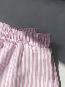 SHEIN EZwear 女款粉色與白色條紋休閒中腰寬鬆短褲，適合夏季 - 彩色 - 查看 4