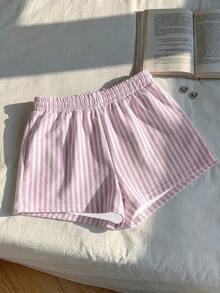 SHEIN EZwear 女款粉色與白色條紋休閒中腰寬鬆短褲，適合夏季 - 彩色 - 查看 3