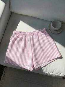 SHEIN EZwear 女款粉色與白色條紋休閒中腰寬鬆短褲，適合夏季 - 彩色 - 查看 5
