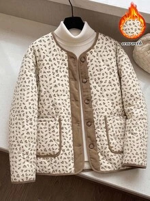 Rusticease Women Fall Winter Jacket Elegant Women's Casual Vintage Round Neck Patchwork Printed Single-Breasted Padded Coat Everyday Club White - Multicolor - View 3