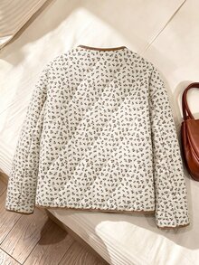 Rusticease Women Fall Winter Jacket Elegant Women's Casual Vintage Round Neck Patchwork Printed Single-Breasted Padded Coat Everyday Club White - Multicolor - View 2