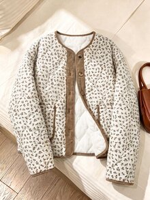 Rusticease Women Fall Winter Jacket Elegant Women's Casual Vintage Round Neck Patchwork Printed Single-Breasted Padded Coat Everyday Club White - Multicolor - View 1