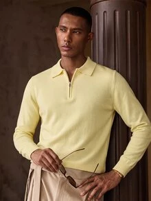 Manfinity Homme 男士純色休閒日常穿著長袖修身拉鍊 Polo 衫 短袖透氣針織上衣 休閒輕奢老錢風正式款 - 彩色 - 查看 4
