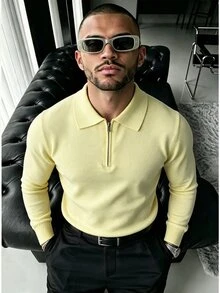 Manfinity Homme 男士純色休閒日常穿著長袖修身拉鍊 Polo 衫 短袖透氣針織上衣 休閒輕奢老錢風正式款 - 彩色 - 查看 1