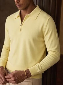 Manfinity Homme 男士純色休閒日常穿著長袖修身拉鍊 Polo 衫 短袖透氣針織上衣 休閒輕奢老錢風正式款 - 彩色 - 查看 5