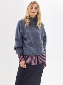 KÆRIA Hus Sweater Leher Corong Lengan Panjang - Rajutan Lembut - Biru Marle - Potongan Longgar, Minimalis, Klasik - Biru - View 1