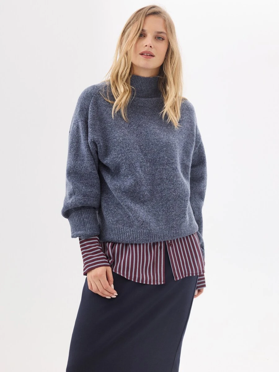 KÆRIA Hus Sweater Leher Corong Lengan Panjang - Rajutan Lembut - Biru Marle - Potongan Longgar, Minimalis, Klasik - Biru - View 1