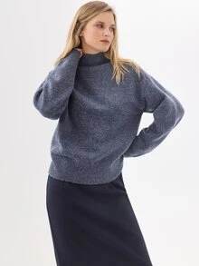 KÆRIA Hus Sweater Leher Corong Lengan Panjang - Rajutan Lembut - Biru Marle - Potongan Longgar, Minimalis, Klasik - Biru - View 4