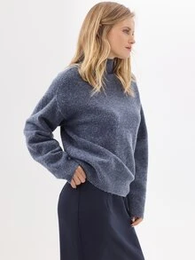 KÆRIA Hus Sweater Leher Corong Lengan Panjang - Rajutan Lembut - Biru Marle - Potongan Longgar, Minimalis, Klasik - Biru - View 3