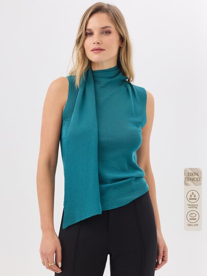 KÆRIA Hus Women's Solid Color Fashion Minimalist Collar Sleeveless Knit Top - Teal - Casual, Officewear, Occasion, Disco, Autumn, Summer, Blue, Green