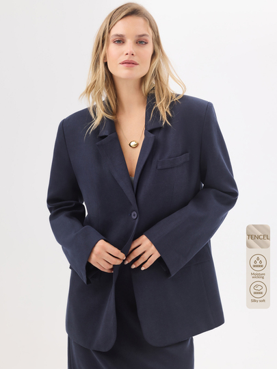 KÆRIA Hus Longline Single-Breasted Blazer - Lyocell Drape - Navy Blue - Tailored, Workwear Business, Day, Office, Casual, Chill, Set, Outwear, Meeting Summer