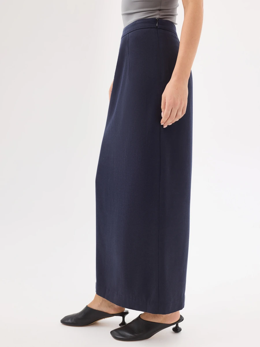 KÆRIA Hus Rok Maxi Model Kolom - Drape Lyocell - Biru Tua - Detail Belahan Belakang, Blazer Senada, Gaya Minimalis Elegan untuk Kantor Musim Gugur - Hitam - View 1