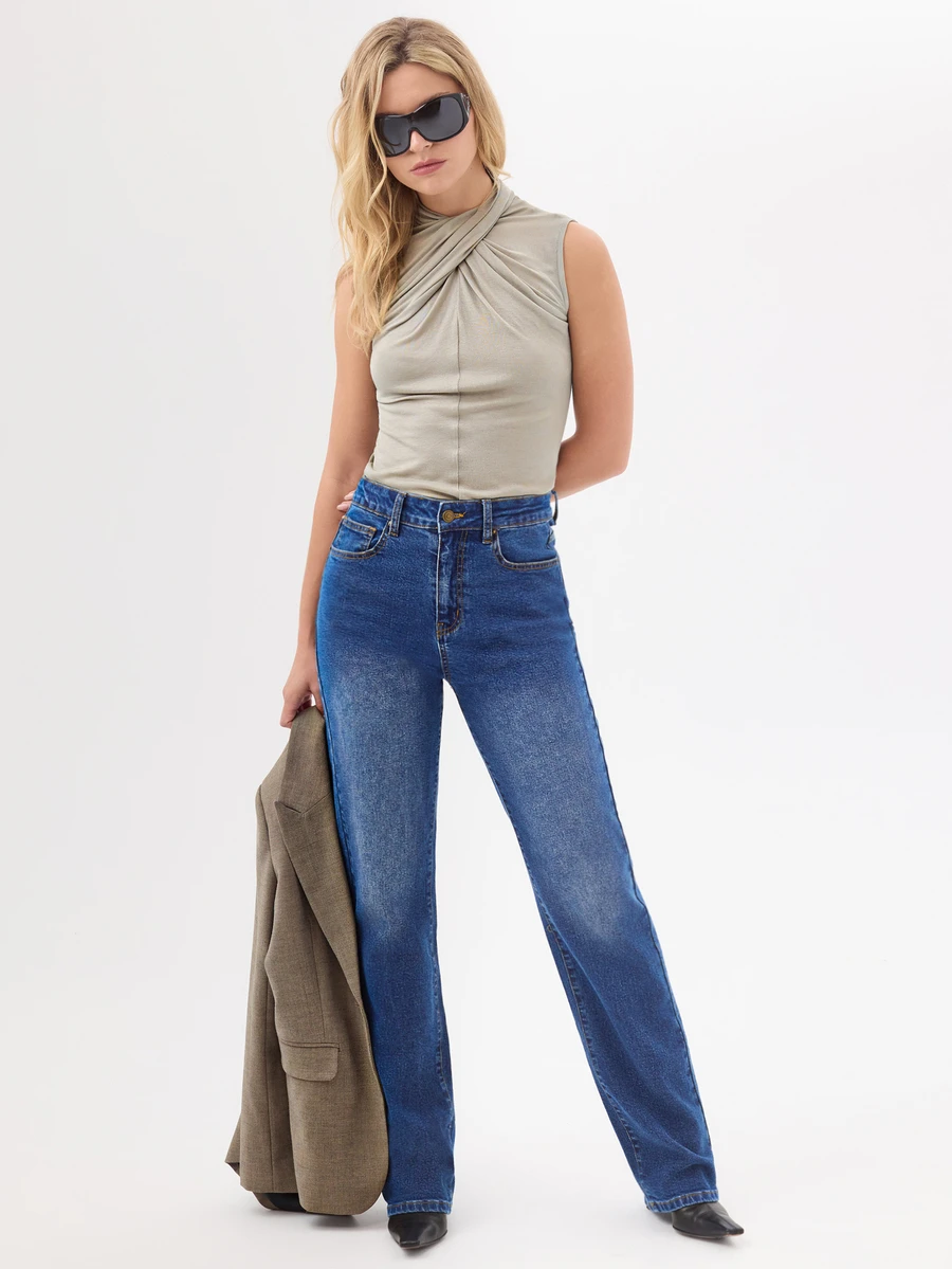 KÆRIA Hus 90s High Rise Straight Leg Jeans - Comfort Stretch Denim - Mid Blue Wash - Clean Line, Refined Everyday Aqua Blue Summer Casual - Medium Wash - View 1