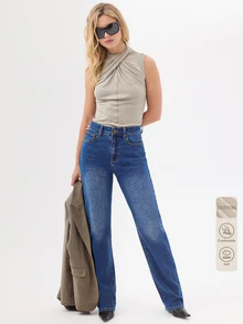 KÆRIA Hus 90s High Rise Straight Leg Jeans - Comfort Stretch Denim - Mid Blue Wash - Clean Line, Refined Everyday Aqua Blue Summer Casual - Medium Wash - View 8