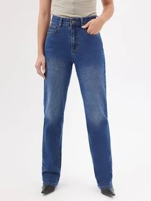 KÆRIA Hus 90s High Rise Straight Leg Jeans - Comfort Stretch Denim - Mid Blue Wash - Clean Line, Refined Everyday Aqua Blue Summer Casual - Medium Wash - View 4