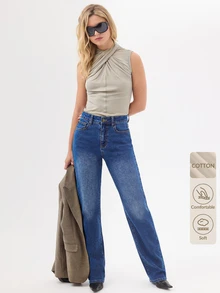 KÆRIA Hus 90s High Rise Straight Leg Jeans - Comfort Stretch Denim - Mid Blue Wash - Clean Line, Refined Everyday Aqua Blue Summer Casual - Medium Wash - View 9