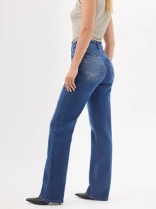 KÆRIA Hus 90s High Rise Straight Leg Jeans - Comfort Stretch Denim - Mid Blue Wash - Clean Line, Refined Everyday Aqua Blue Summer Casual - Medium Wash - View 2