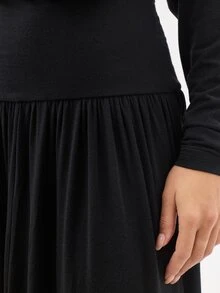 KÆRIA Hus Long Sleeve Blouson Long Dress - Soft Touch Drape Jersey - Black - Drop Waist, Gathered Hem, Tea Party, Everyday, Autumn, Elegant, Chill, Elegant - Black - View 7