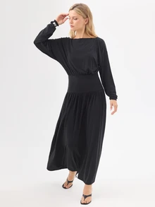 KÆRIA Hus Long Sleeve Blouson Long Dress - Soft Touch Drape Jersey - Black - Drop Waist, Gathered Hem, Tea Party, Everyday, Autumn, Elegant, Chill, Elegant - Black - View 5