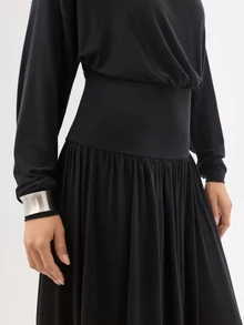 KÆRIA Hus Long Sleeve Blouson Long Dress - Soft Touch Drape Jersey - Black - Drop Waist, Gathered Hem, Tea Party, Everyday, Autumn, Elegant, Chill, Elegant - Black - View 4
