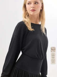 KÆRIA Hus Long Sleeve Blouson Long Dress - Soft Touch Drape Jersey - Black - Drop Waist, Gathered Hem, Tea Party, Everyday, Autumn, Elegant, Chill, Elegant - Black - View 8
