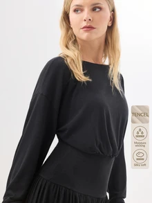 KÆRIA Hus Long Sleeve Blouson Long Dress - Soft Touch Drape Jersey - Black - Drop Waist, Gathered Hem, Tea Party, Everyday, Autumn, Elegant, Chill, Elegant - Black - View 9
