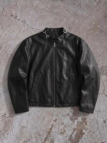ESTAVOR Men's Woven Fashion Casual Young PU Leather Fitted Long Sleeve Zip Jacket, For Spring, Outdoor - Black - View 2