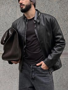 ESTAVOR Men's Woven Fashion Casual Young PU Leather Fitted Long Sleeve Zip Jacket, For Spring, Outdoor - Black - View 1