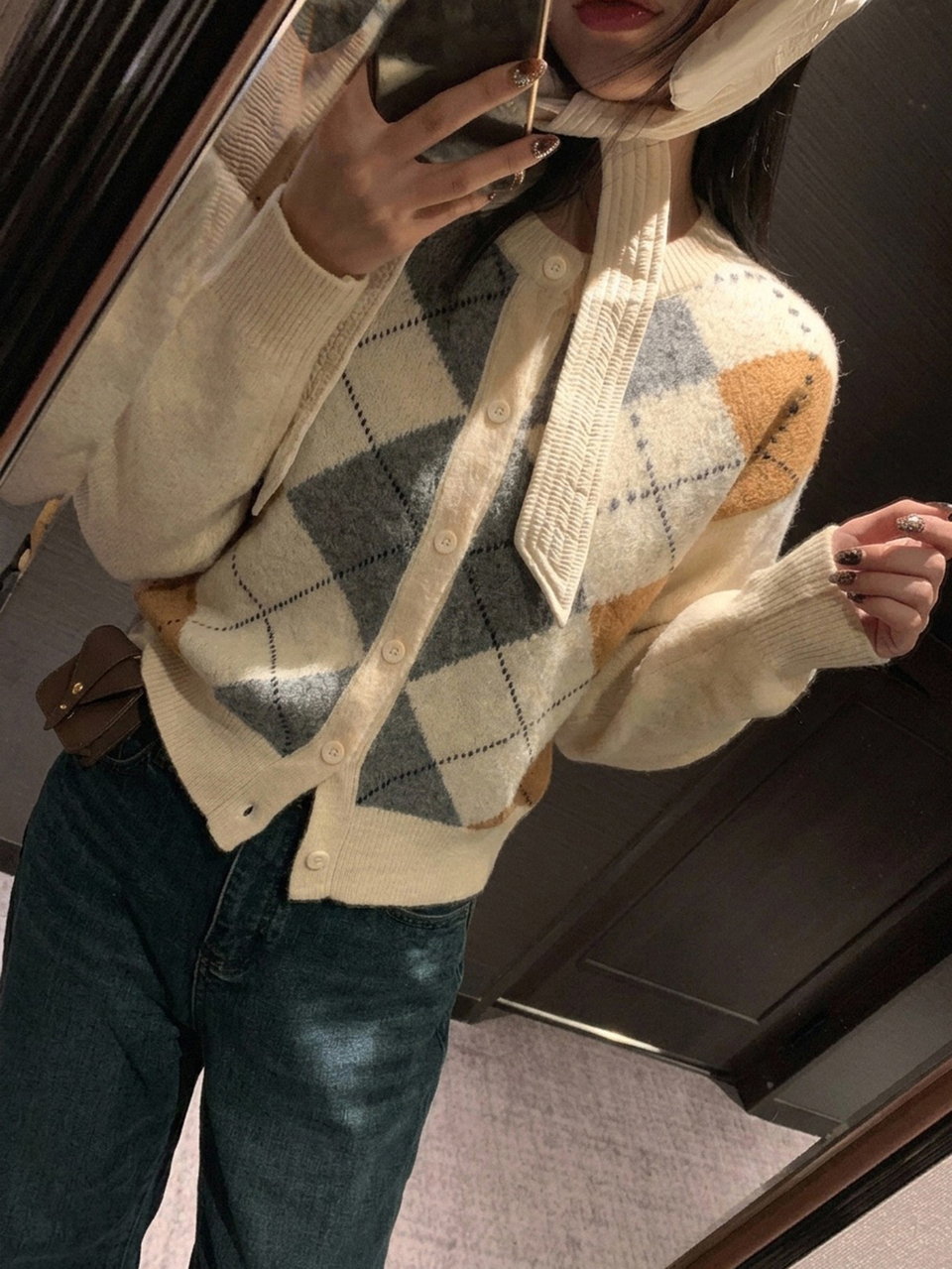Women's College Style Argyle Long Sleeve Single-Breasted Knit Cardigan
