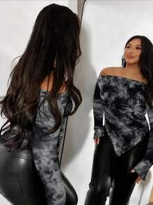 SHEIN CURVE+ 休閒紮染長袖T恤，不對稱下擺與百褶肩部設計，適合秋冬穿著，大尺碼T恤 - 彩色 - 查看 8