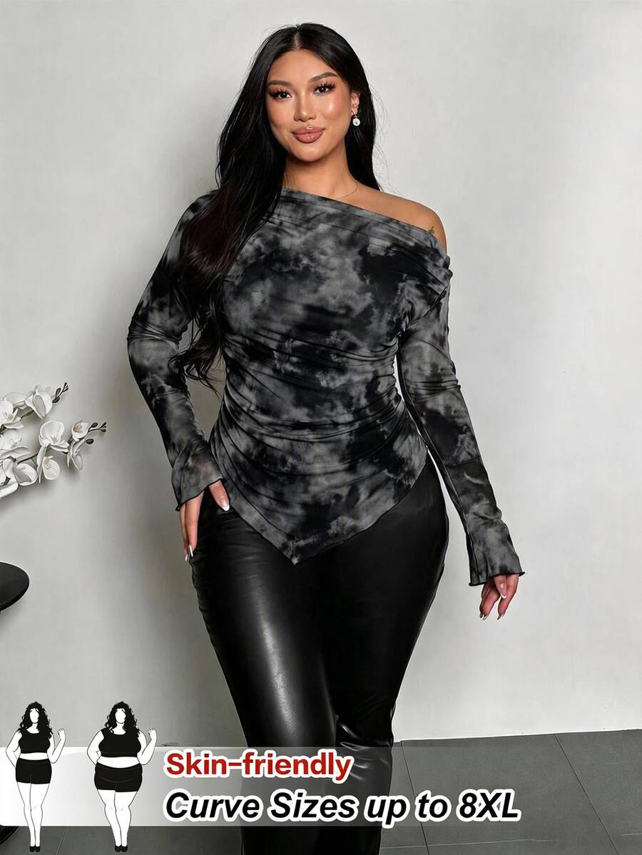 SHEIN CURVE+ 休閒紮染長袖T恤,不對稱下擺與百褶肩部設計,適合秋冬穿著,大尺碼T恤 - 彩色 - 查看 1