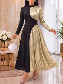 SHEIN Lady Women's Colorblock Stand Collar Puff Long Sleeve Elegant Dress - Black - View 1