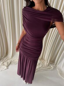 Aloruh Women's Long Mesh Solid Color Boho Autumn/Winter New Ruched A-Line Chocolate Brown Dress - Brown - View 5