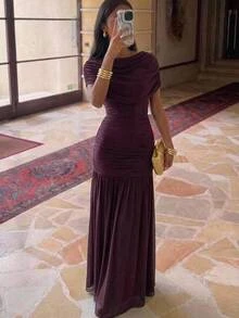 Aloruh Women's Long Mesh Solid Color Boho Autumn/Winter New Ruched A-Line Chocolate Brown Dress - Brown - View 2