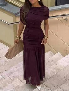Aloruh Women's Long Mesh Solid Color Boho Autumn/Winter New Ruched A-Line Chocolate Brown Dress - Brown - View 1